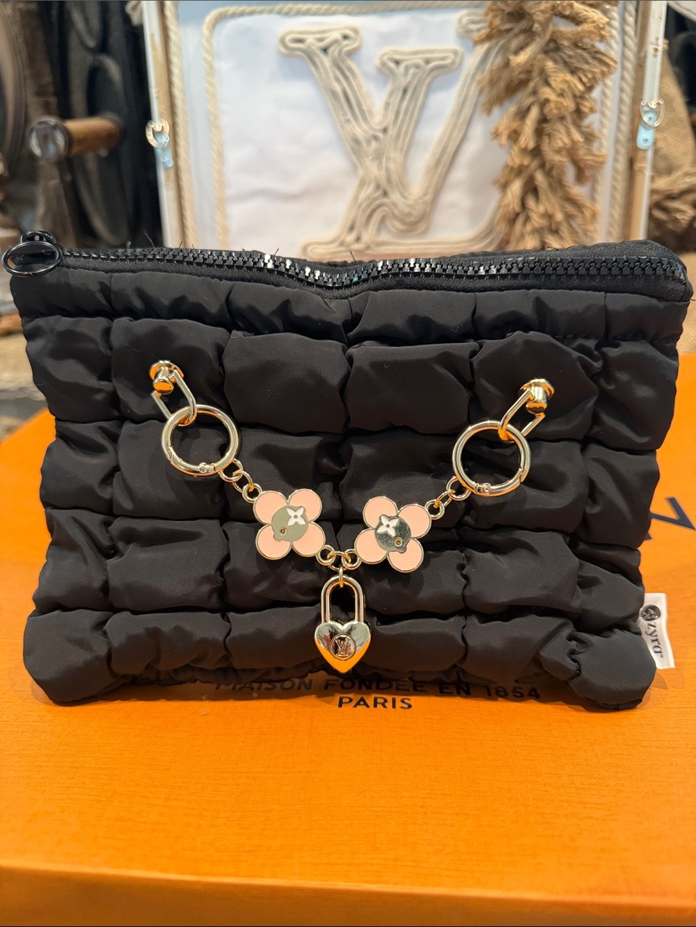 Black Quilted Cosmetic Pouch with Pink Flower Charm